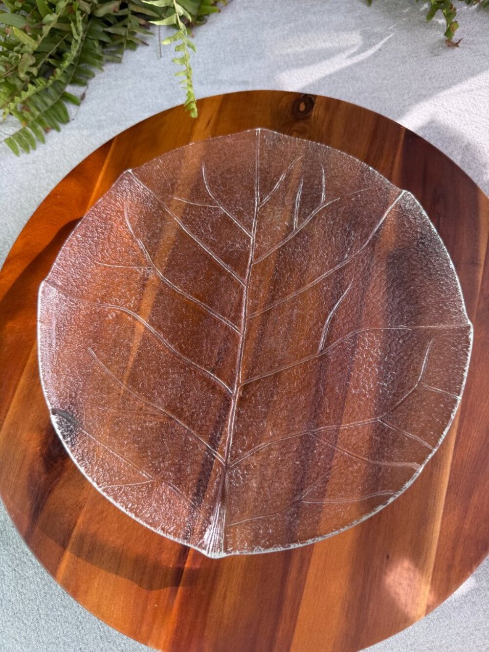 Vintage 9" Clear Glass Textured Leaf Plate, by Durax Argentina